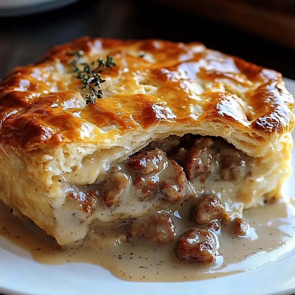 A pastry with meat and cheese on a white plate.