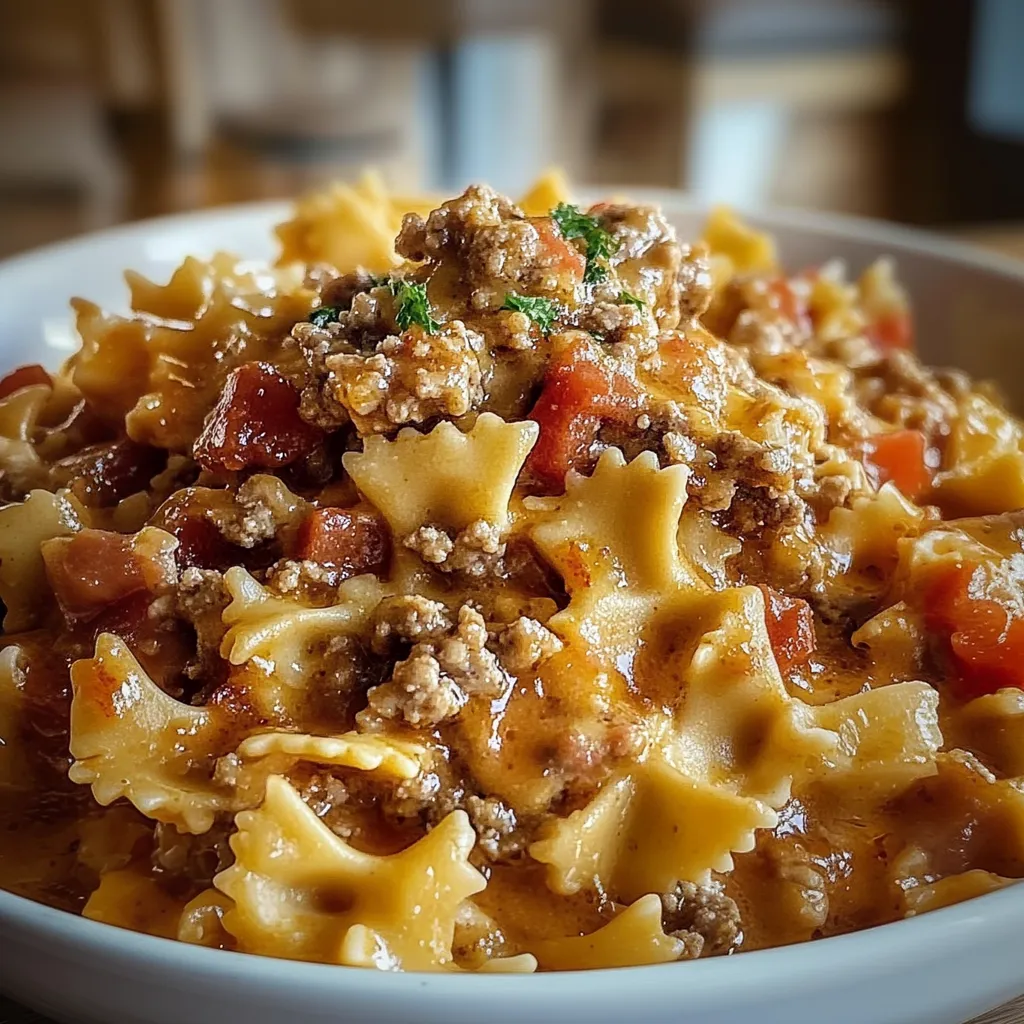 A bowl of pasta with meat and tomatoes.