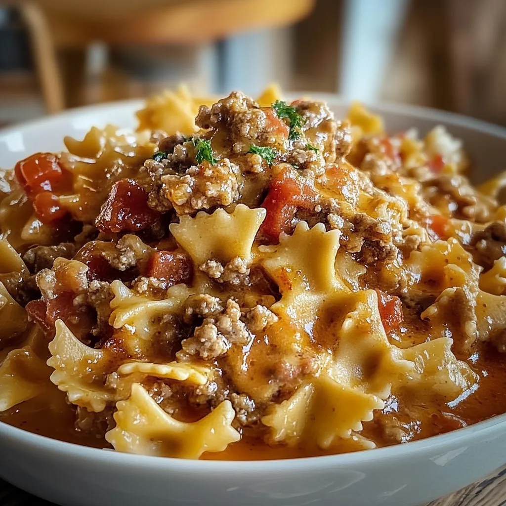 A bowl of pasta with meat and tomatoes.
