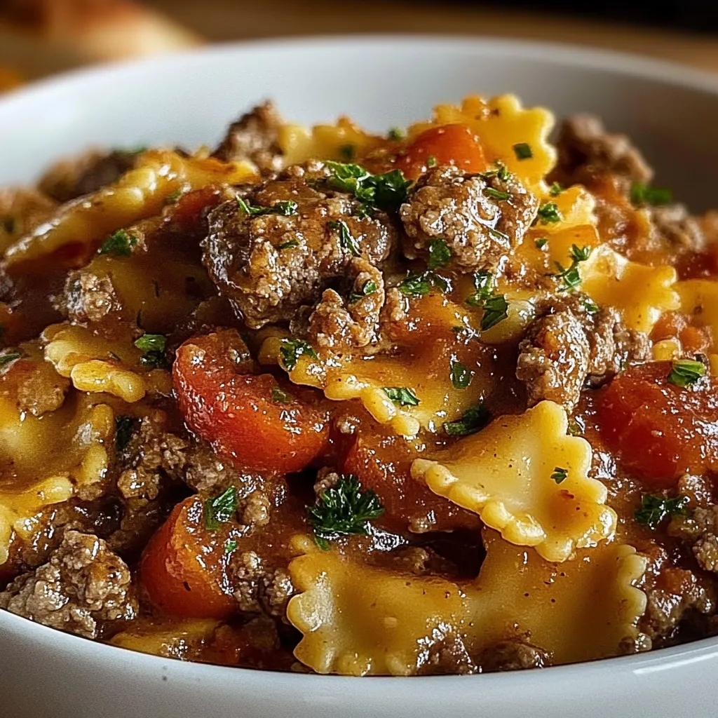 A bowl of pasta with meat and tomatoes.