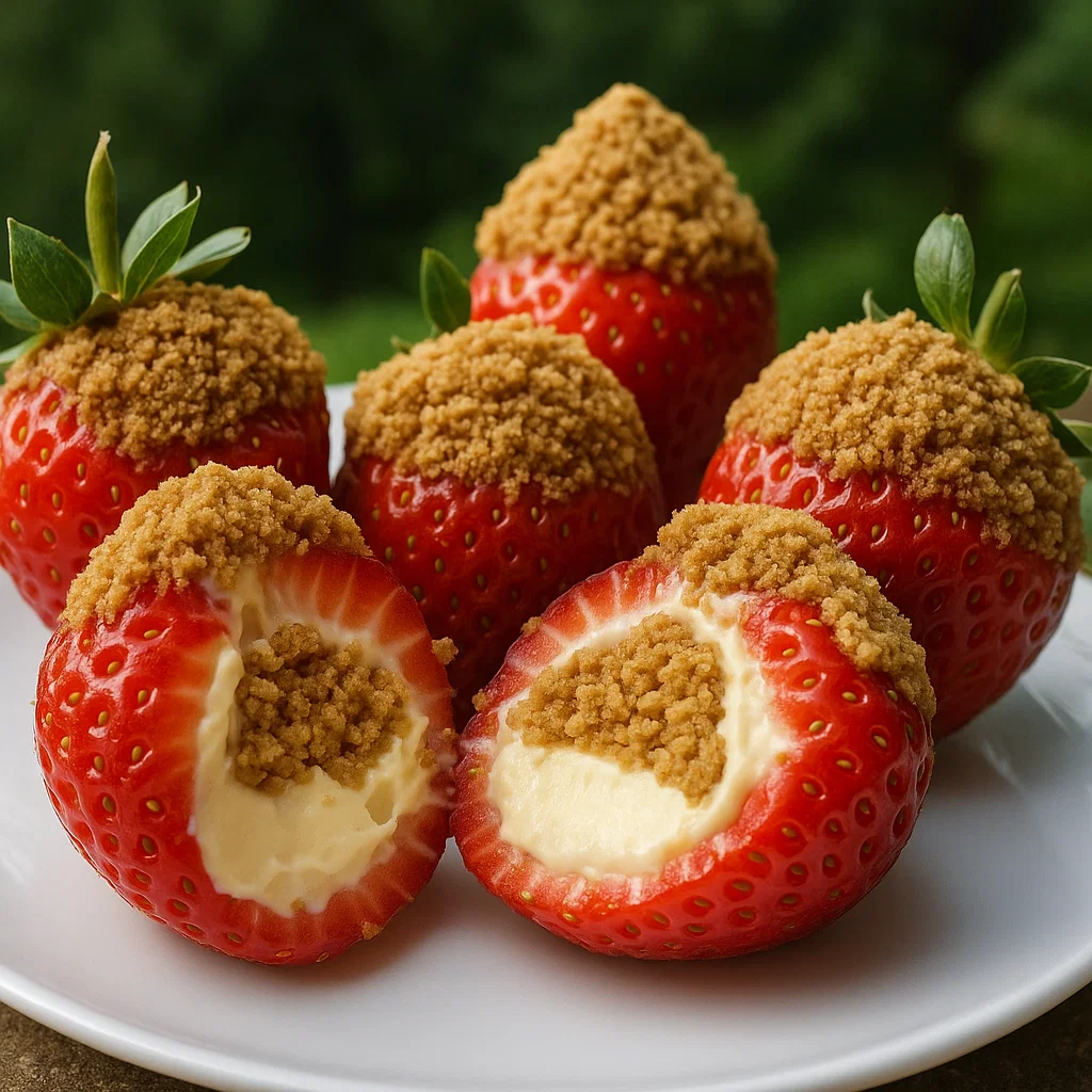 A plate of strawberries with chocolate balls in the middle.