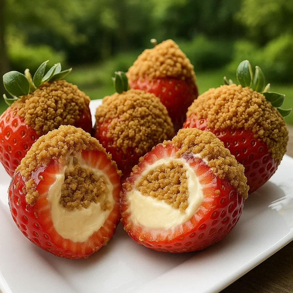 A plate of strawberries with cream in the middle.