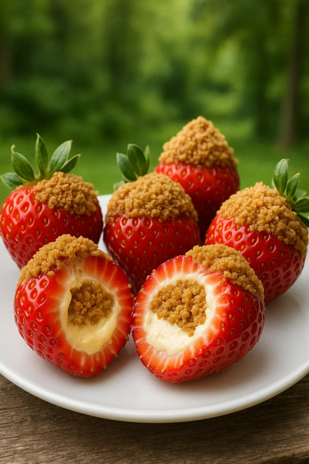 A plate of strawberries with a cream filling.