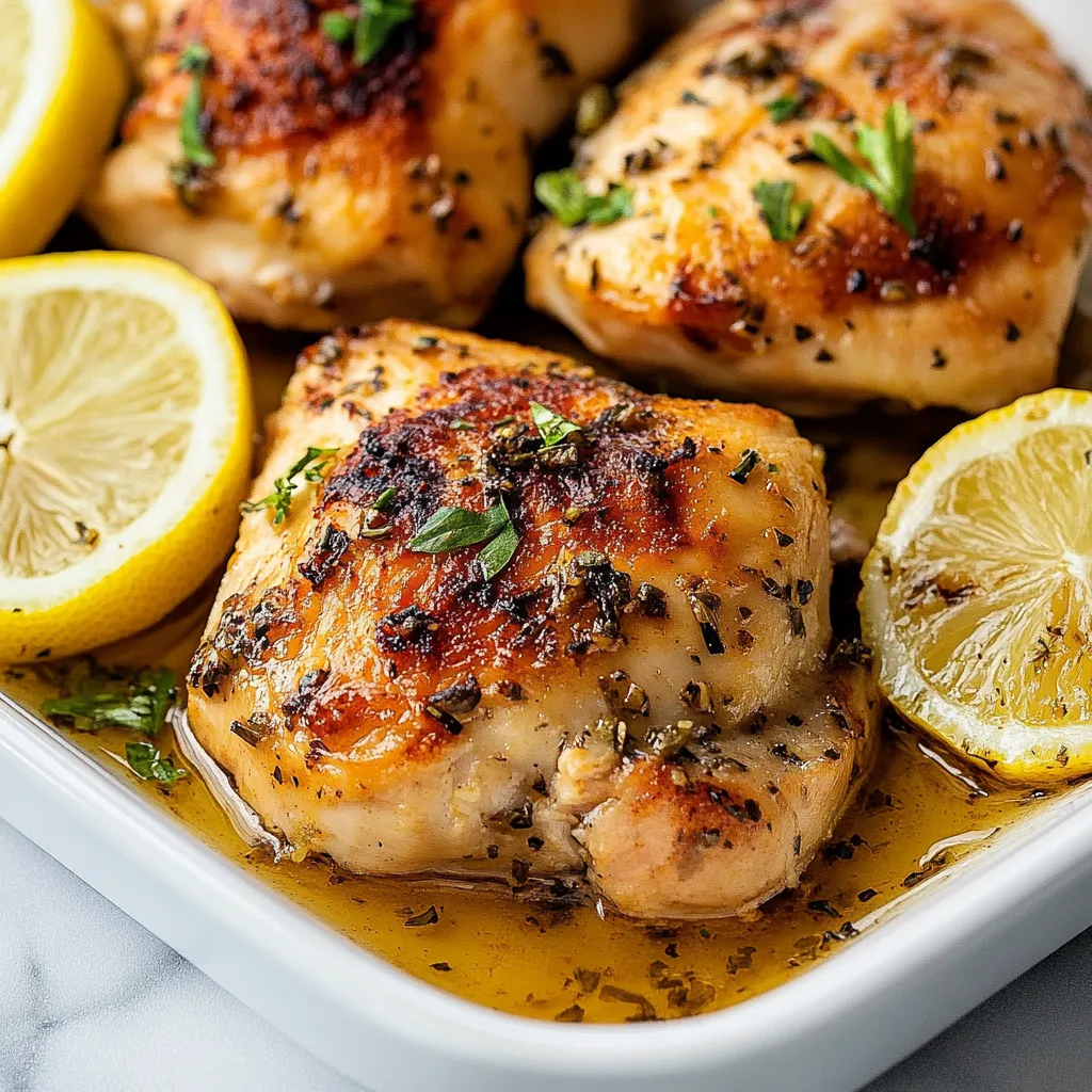 A plate of chicken with lemon slices on top.