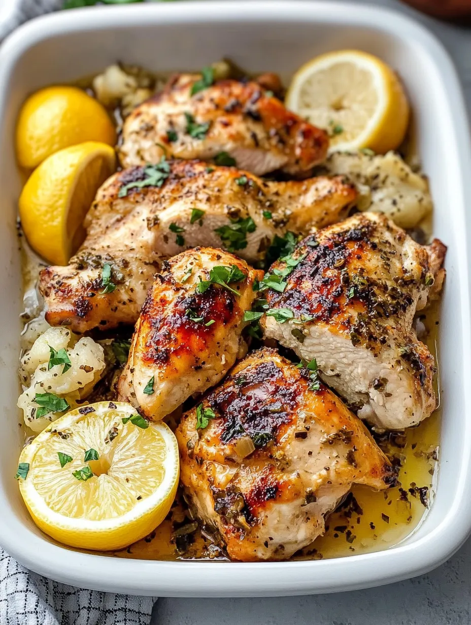 A bowl of chicken with lemon and herbs.