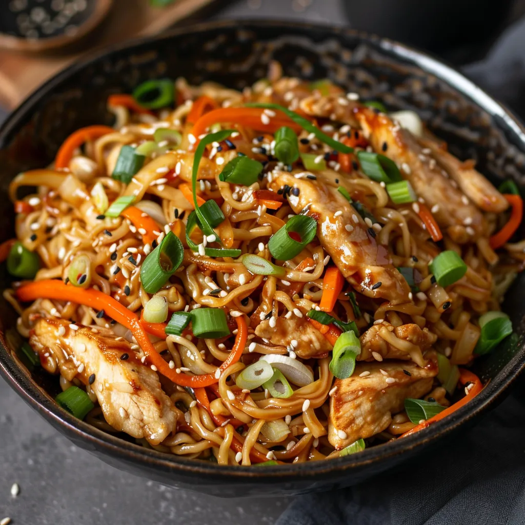 A bowl of noodles with chicken and vegetables.