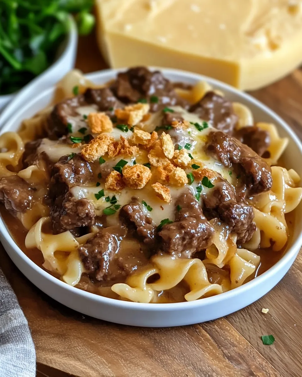 A bowl of pasta with meat and cheese on top.