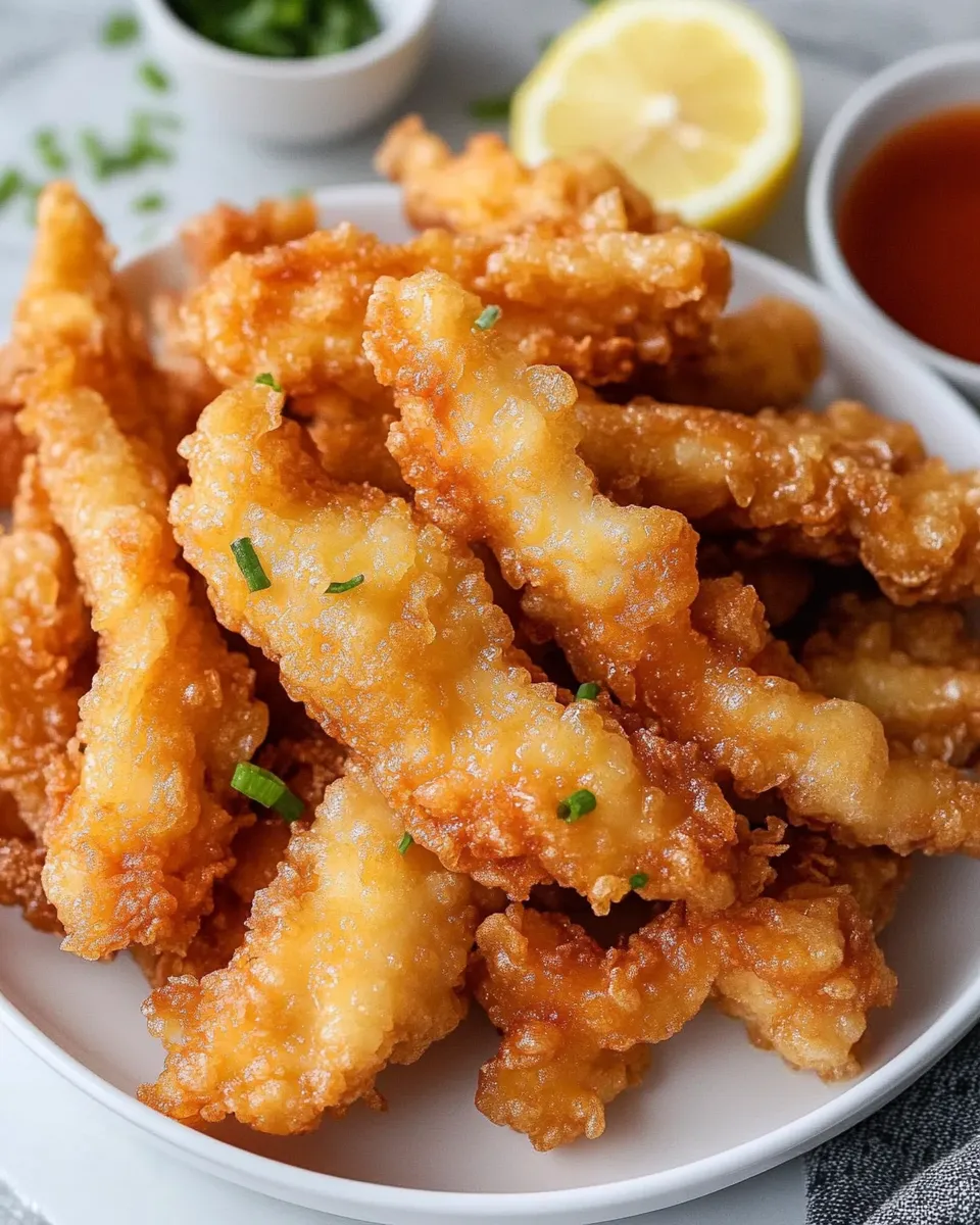 A plate of fried food with a lemon wedge.
