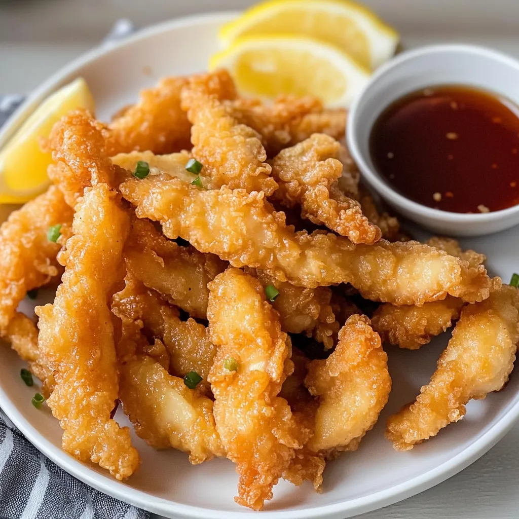 A plate of fried fish with lemon wedges and a dipping sauce.