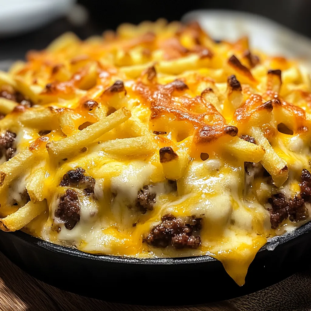 A delicious cheese and meat casserole in a black pan.