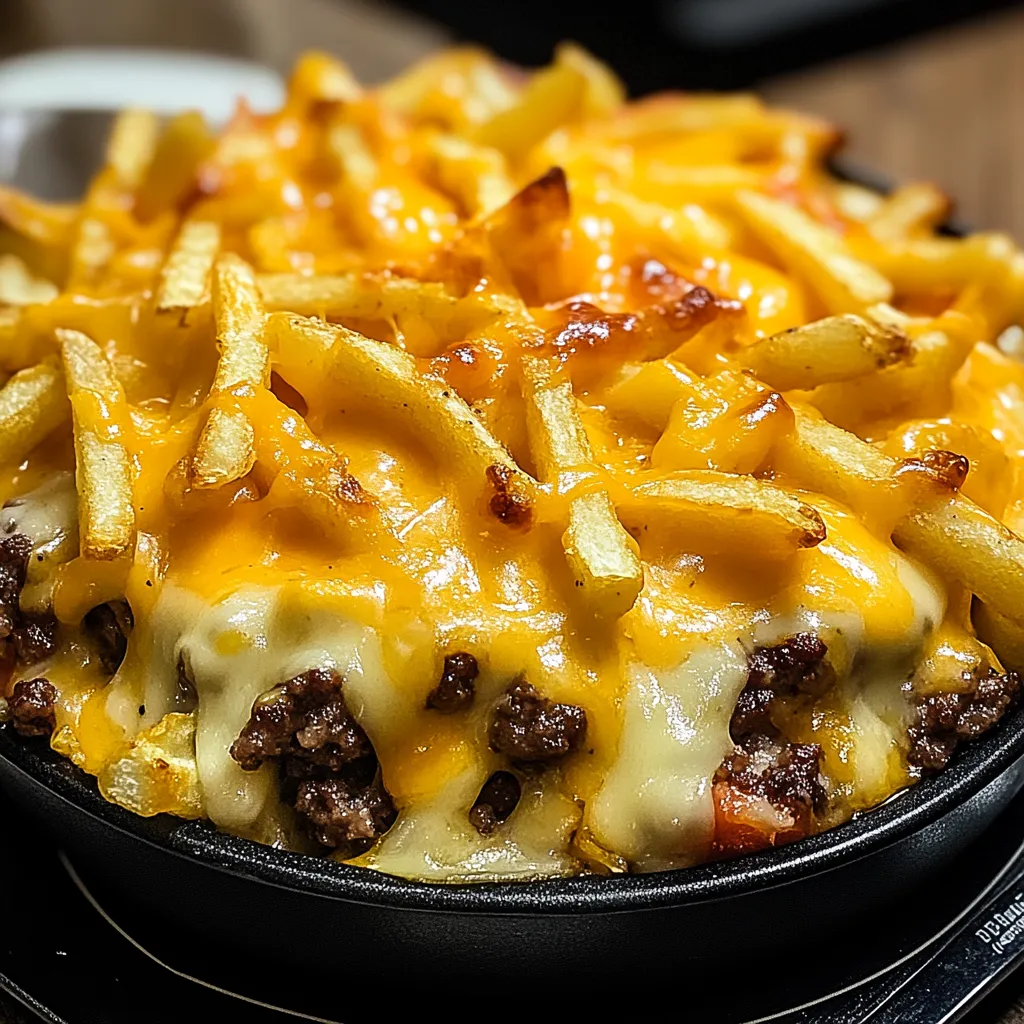 A plate of food with cheese and fries.