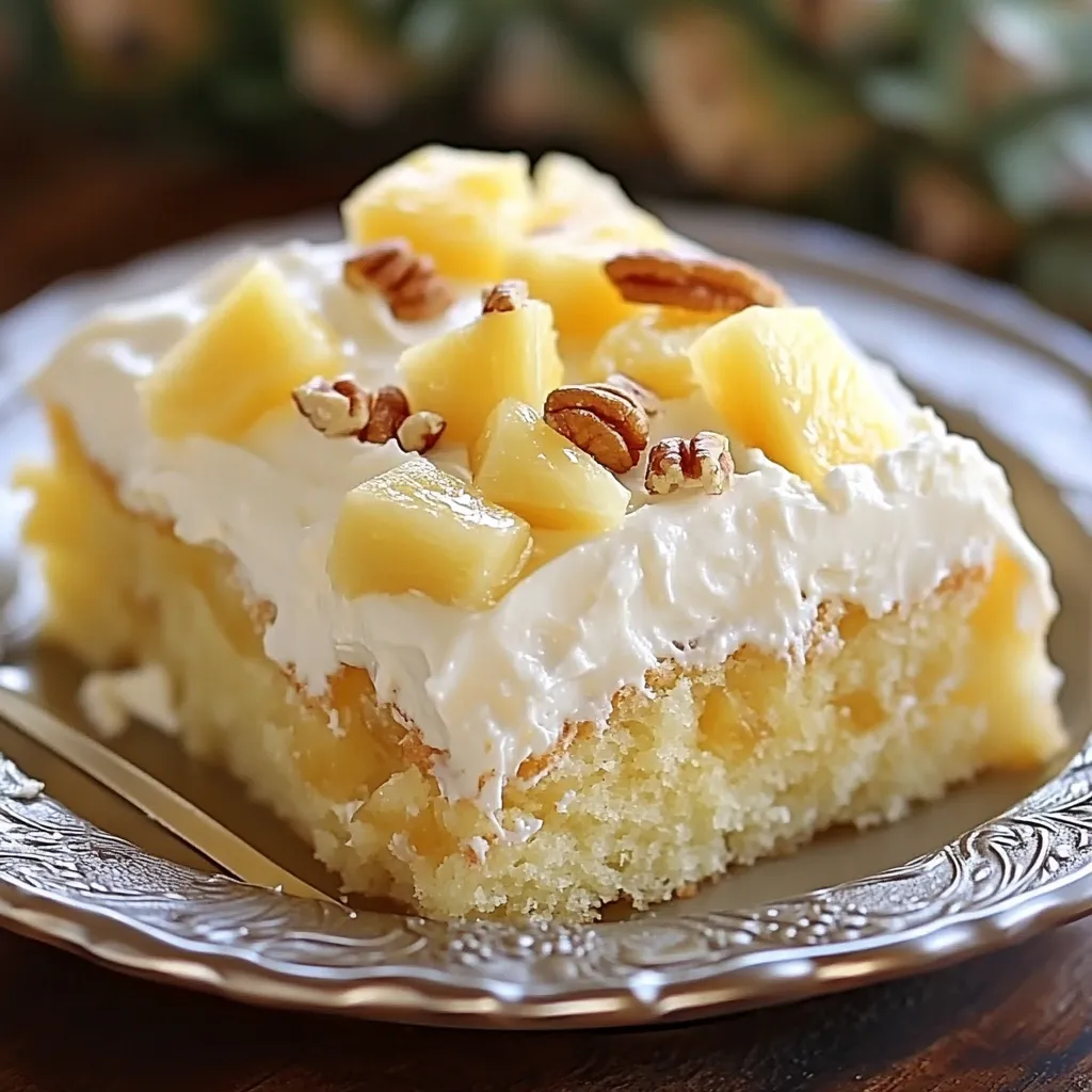 A slice of cake with white frosting and pineapple on top.