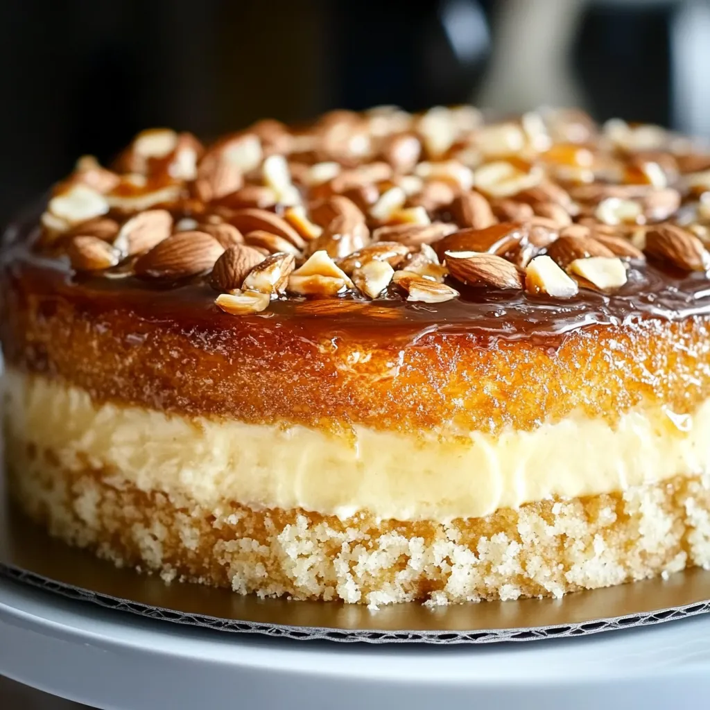 A slice of cake with almonds on top.