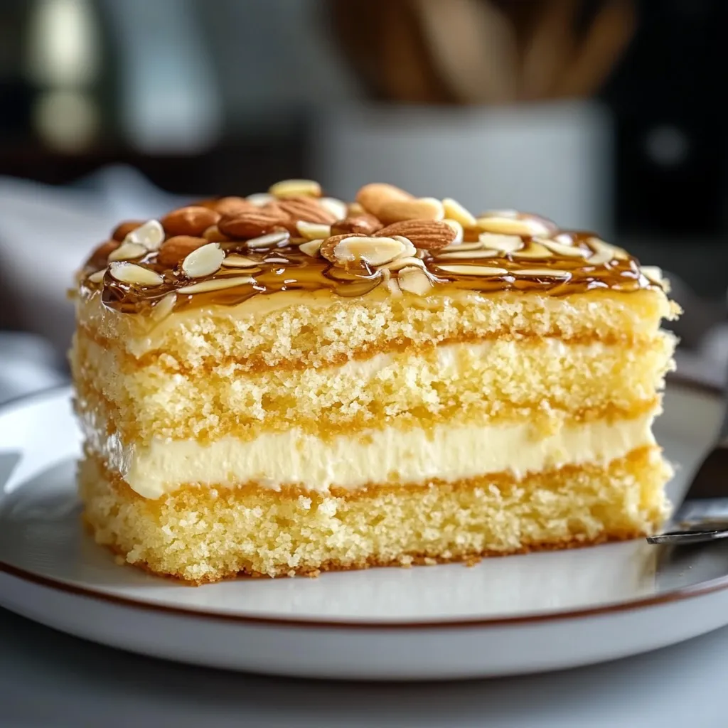 A slice of cake with nuts on top.