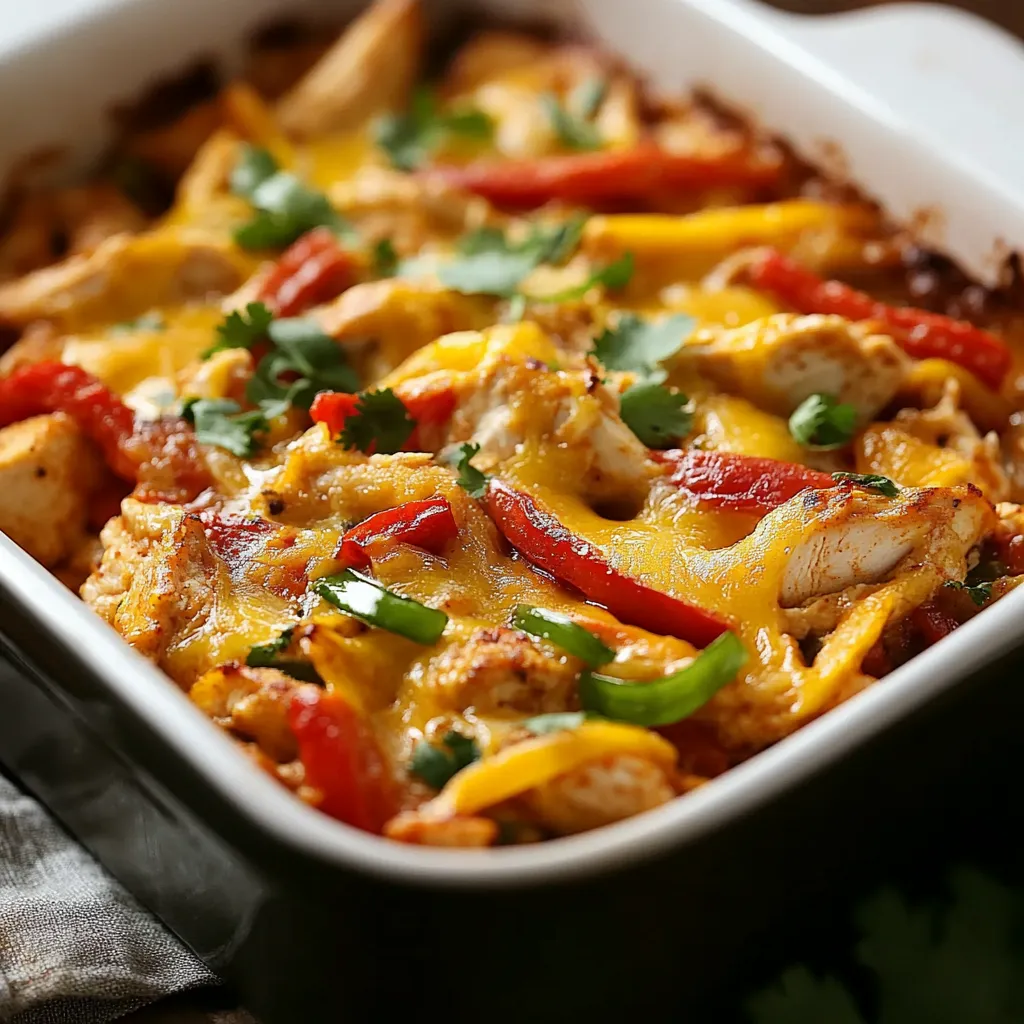 A white bowl filled with a fajita chicken casserole.