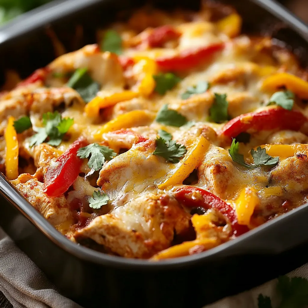 A dish of chicken and peppers in a pan.