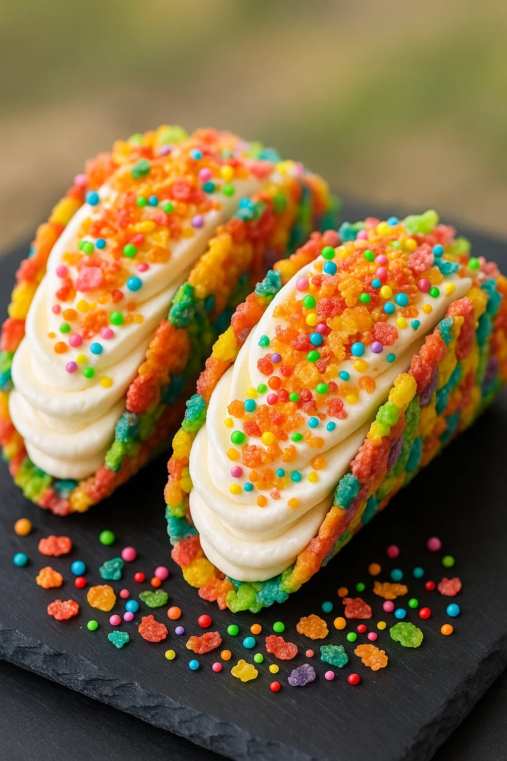 Two colorful cake pops with white frosting and sprinkles.