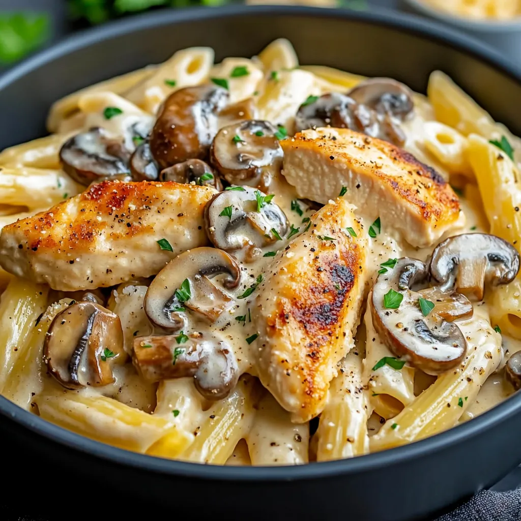 A bowl of pasta with chicken and mushrooms.