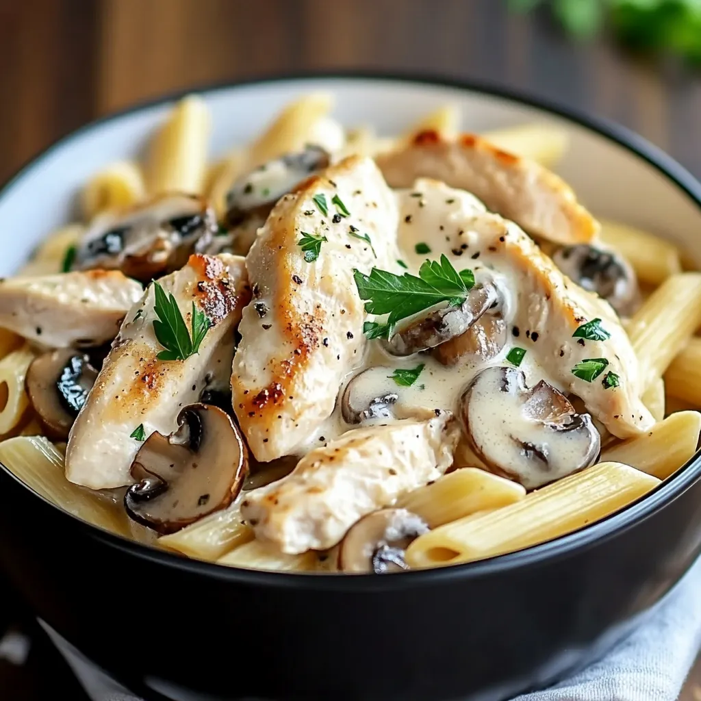A bowl of pasta with chicken and mushrooms.