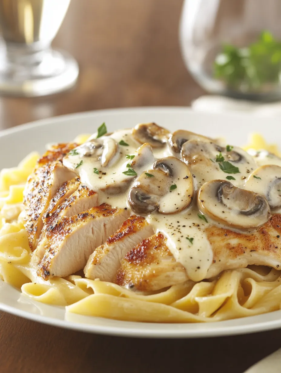 A plate of food with mushrooms and pasta.