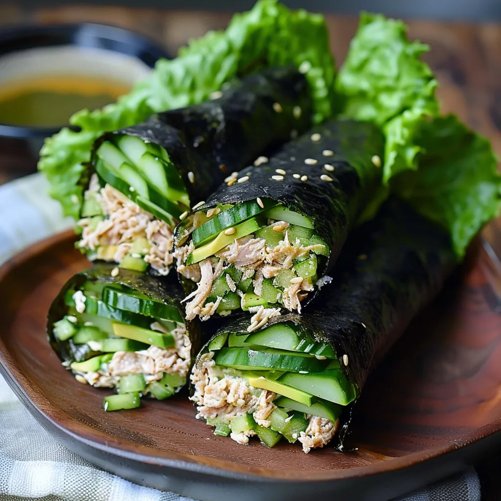 A plate of sushi with vegetables and meat.