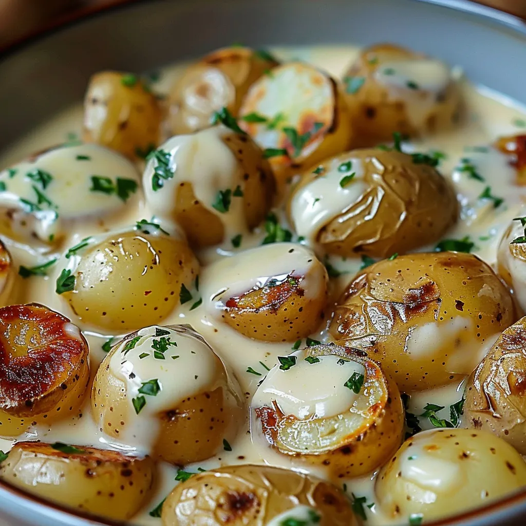 A bowl of potatoes with sauce.