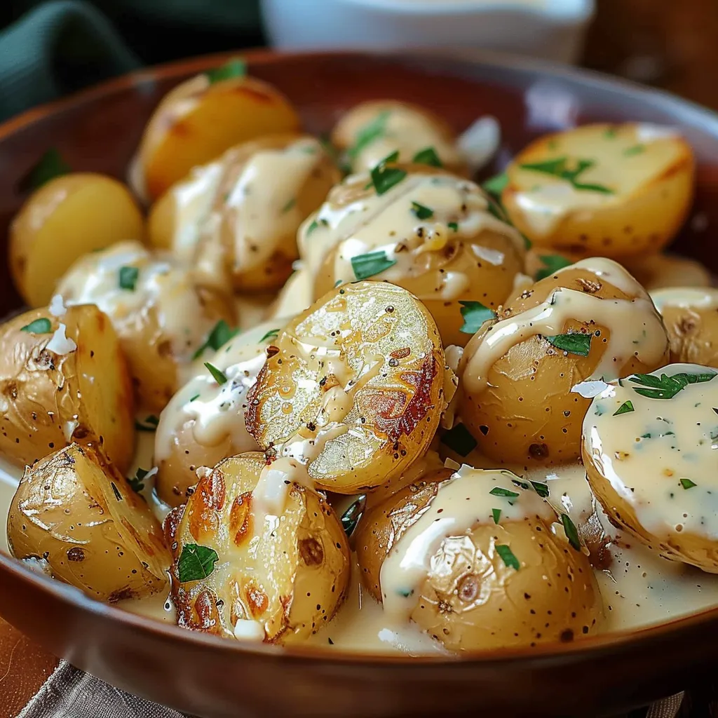 A bowl of potatoes with sauce.