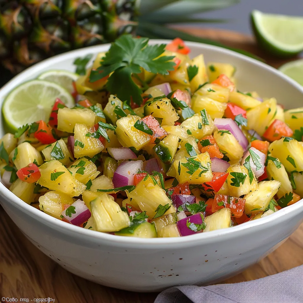 A bowl of fruit salad with pineapple, onions, and limes.