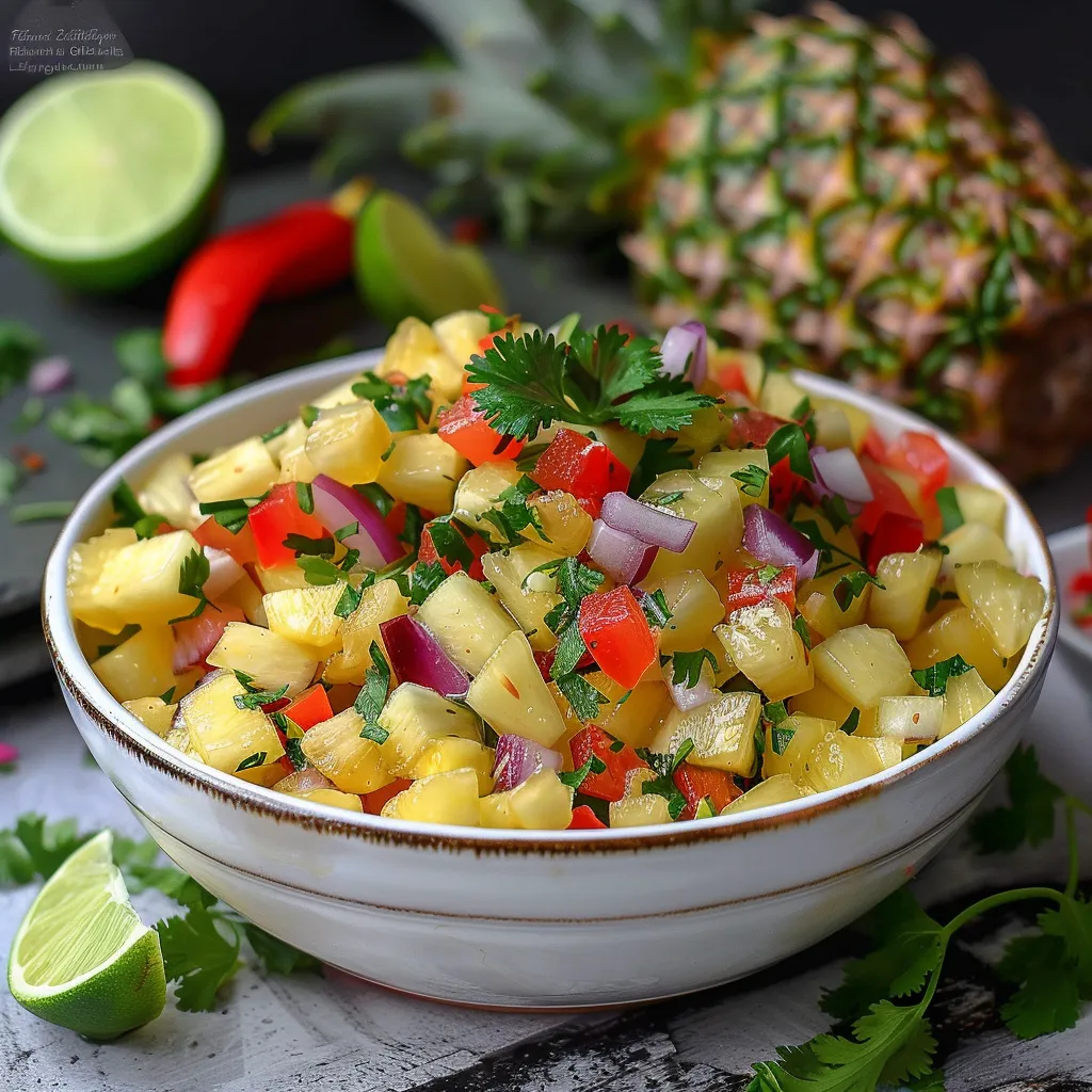 A bowl of fruit salad with pineapple, lime, and onion.