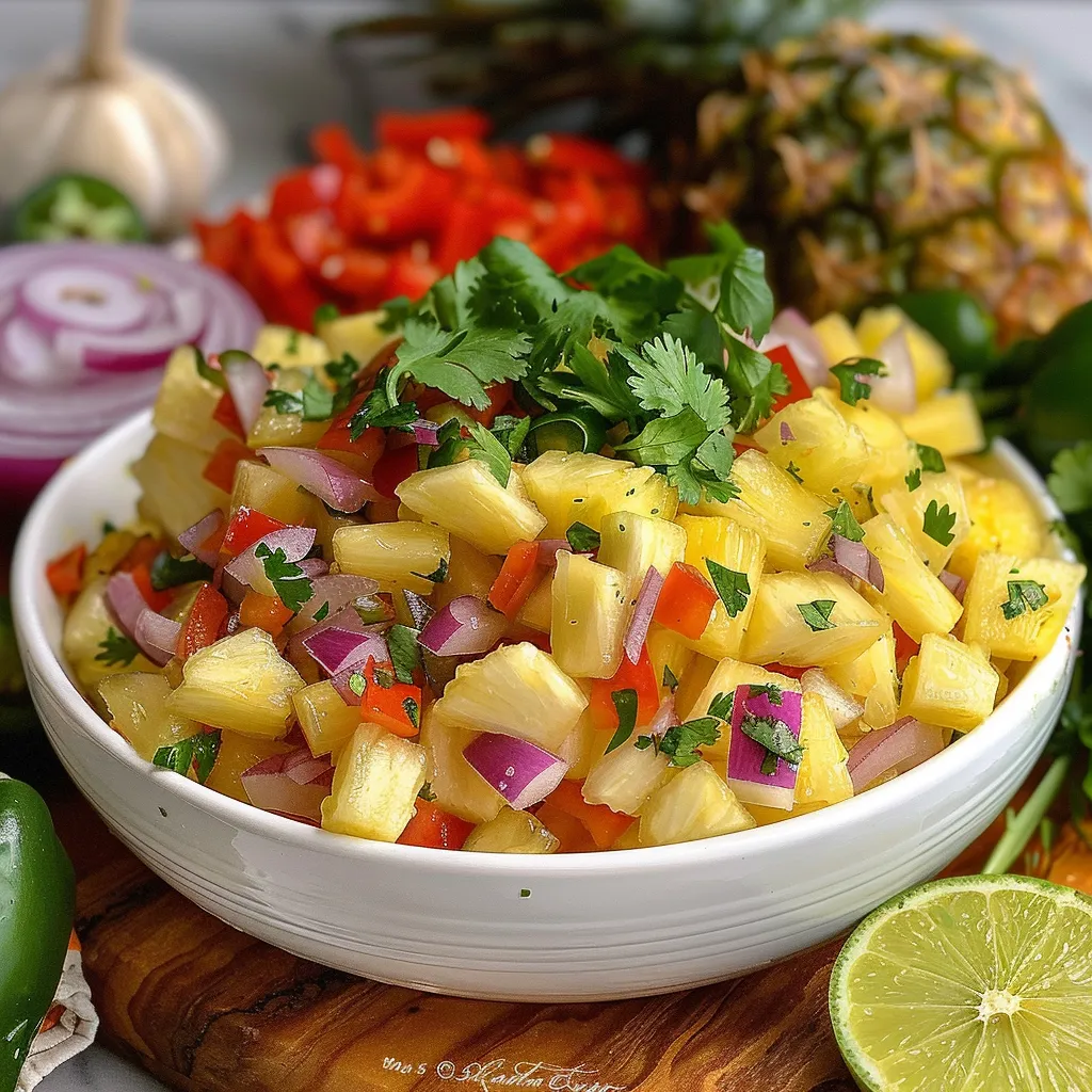 A bowl of fruit salad with pineapple, onions, and peppers.