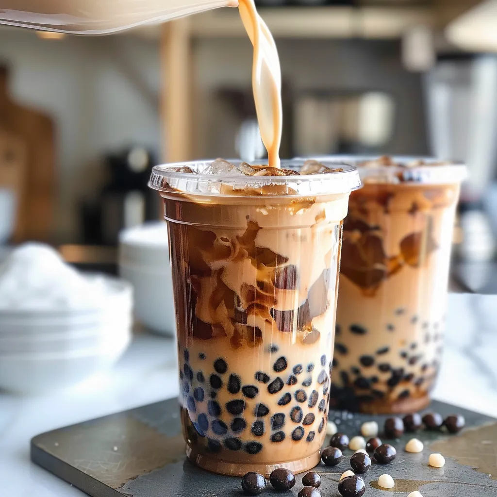 A cup of bubble tea with black tapioca pearls.