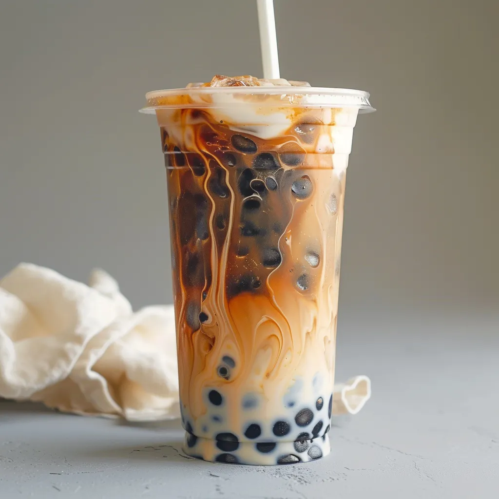 A cup of coffee with boba in it.