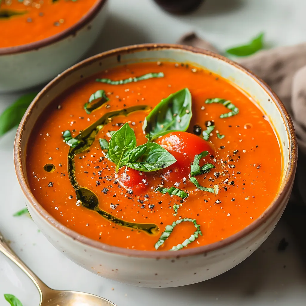 A bowl of soup with tomatoes and basil.