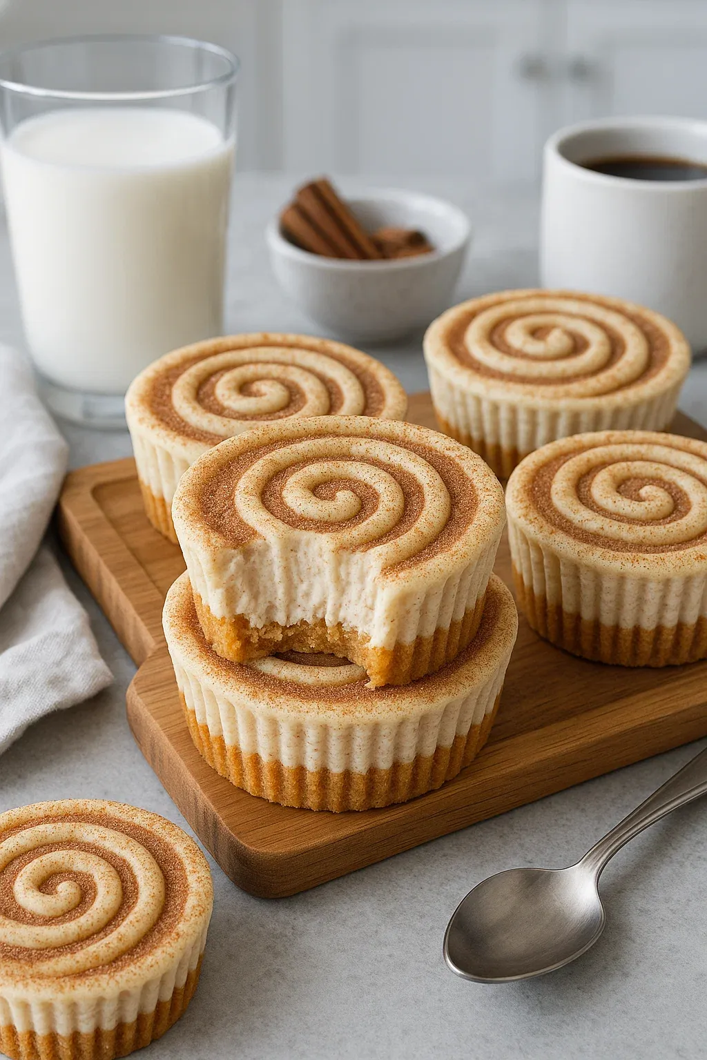 Mini cinnamon roll cheesecakes with a bite taken out of one.