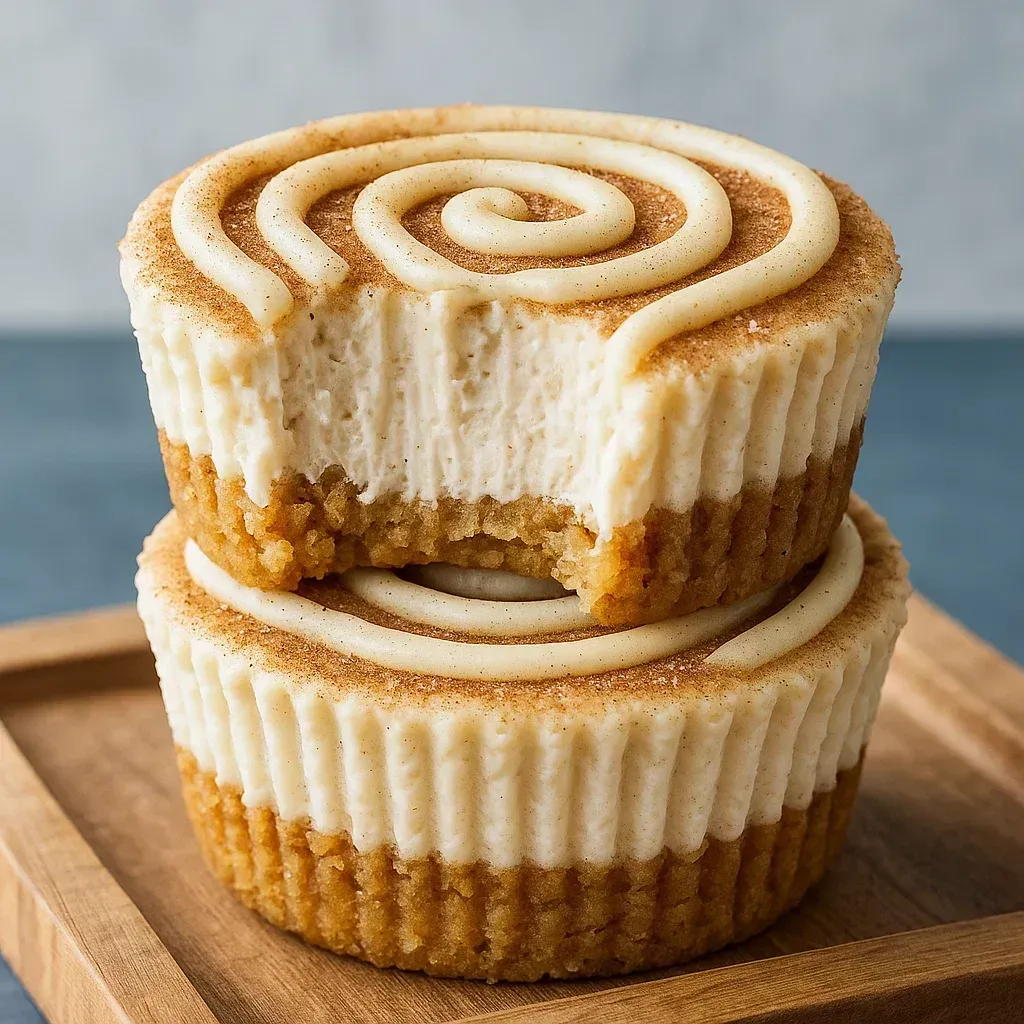 A stack of three mini cinnamon roll cheesecakes.