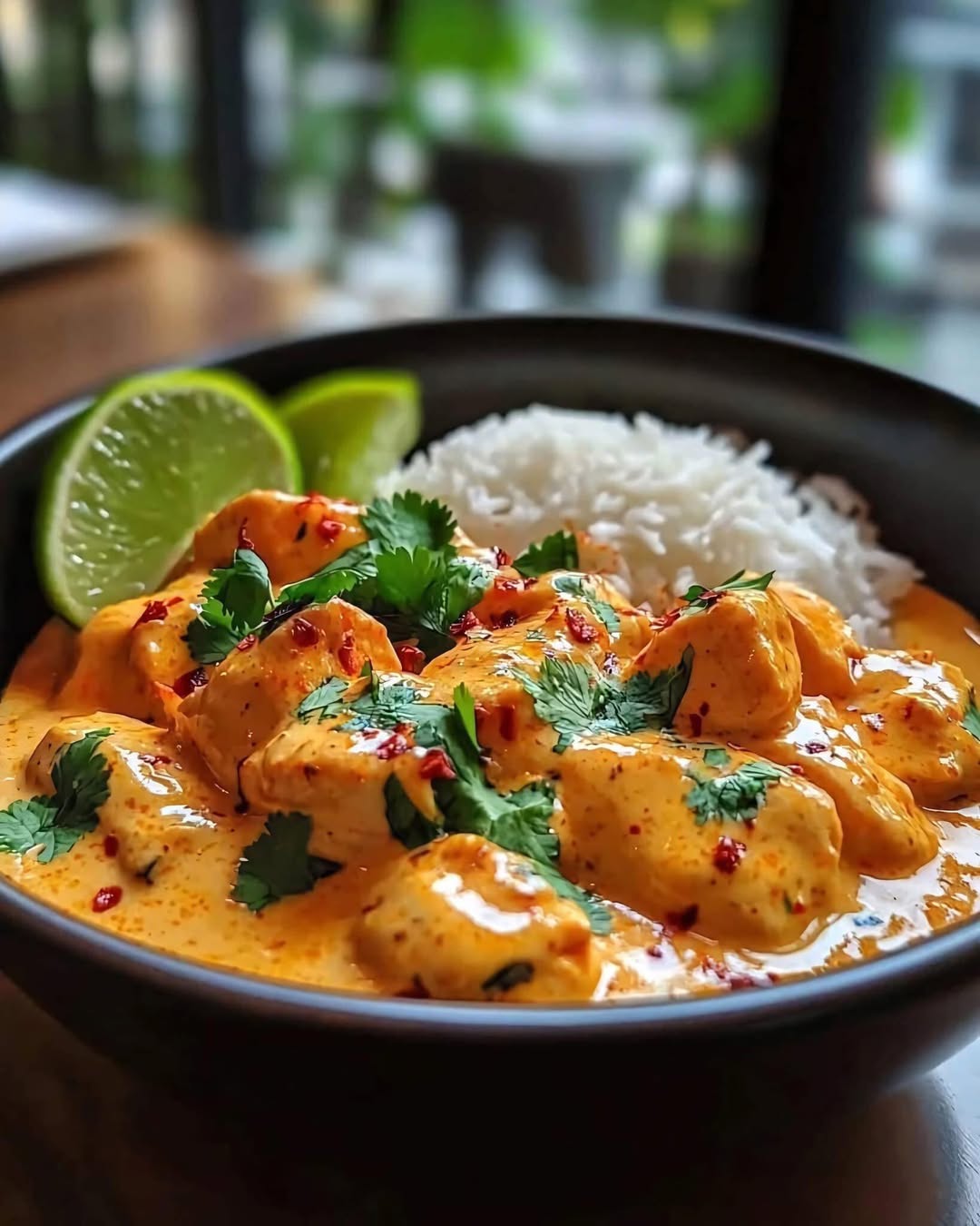 A bowl of chicken with rice and lime.