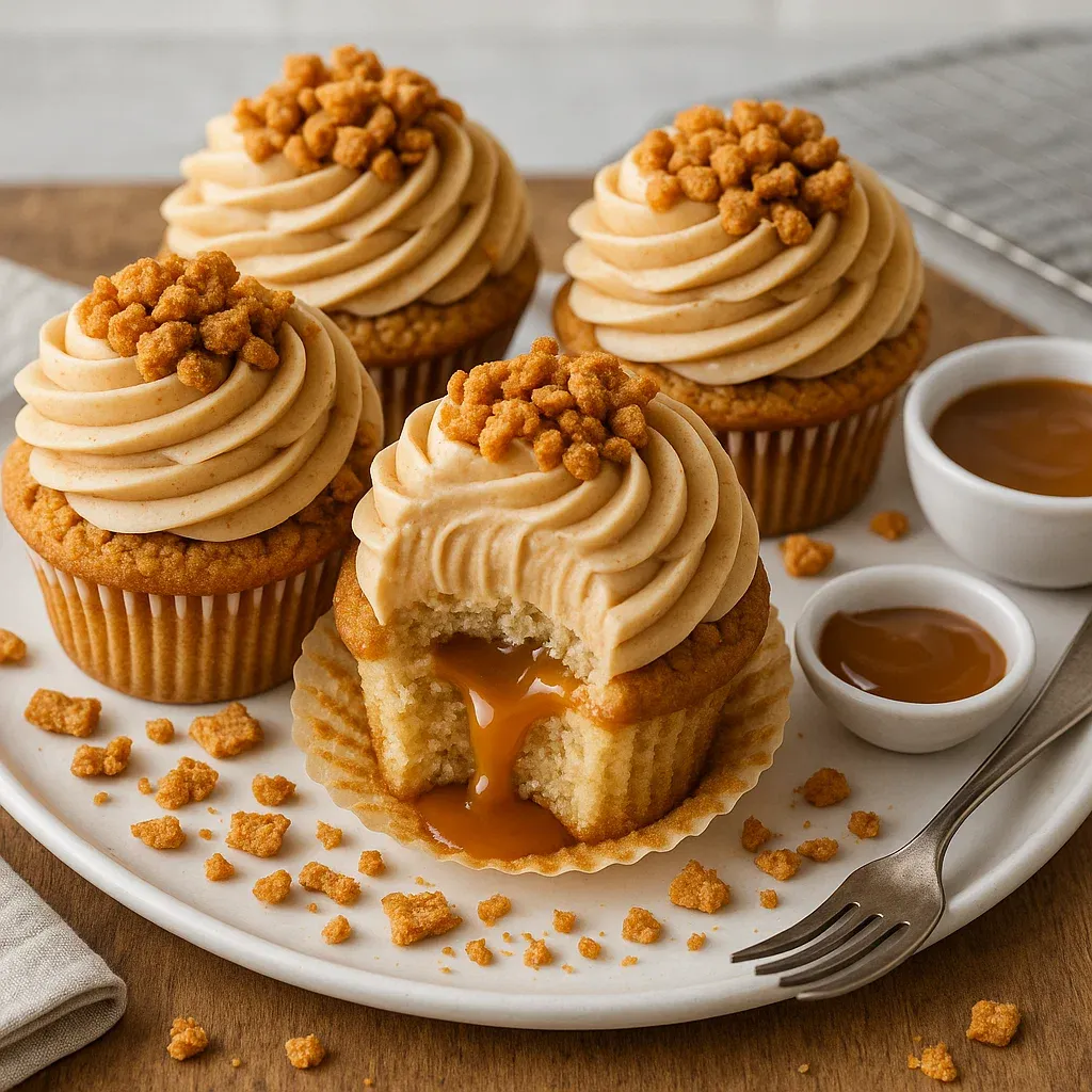Churro caramel crunch cupcakes with a caramel drizzle.