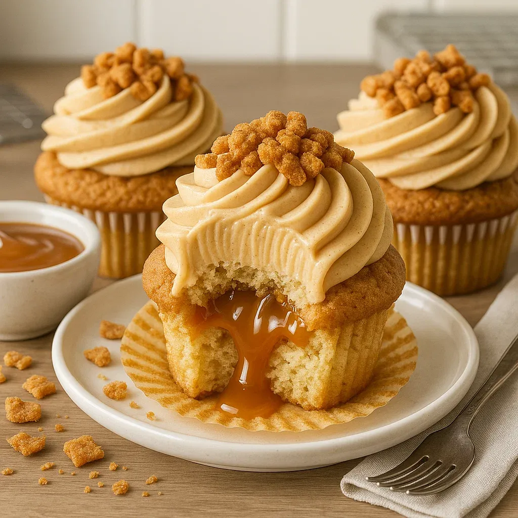 A cupcake with caramel drizzle on top.