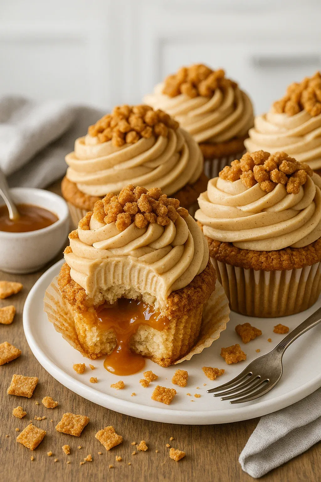 A plate of churro caramel crunch cupcakes.