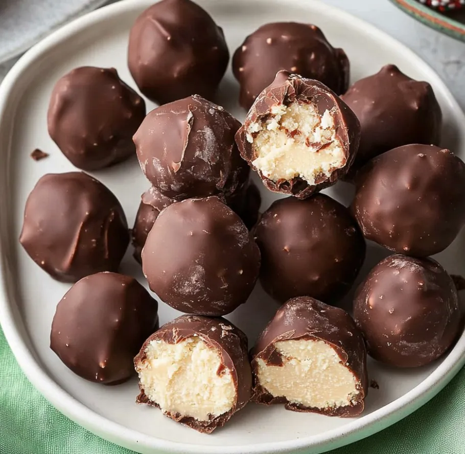 A plate of chocolate candies including peanut butter balls, peppermint bark, and butterfinger candy bars.