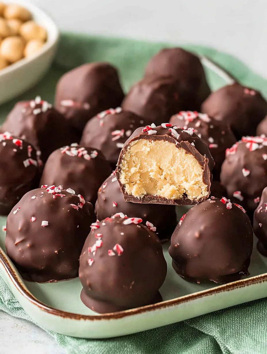 A plate of chocolate balls with peppermint bark and butterfinger candy bars.