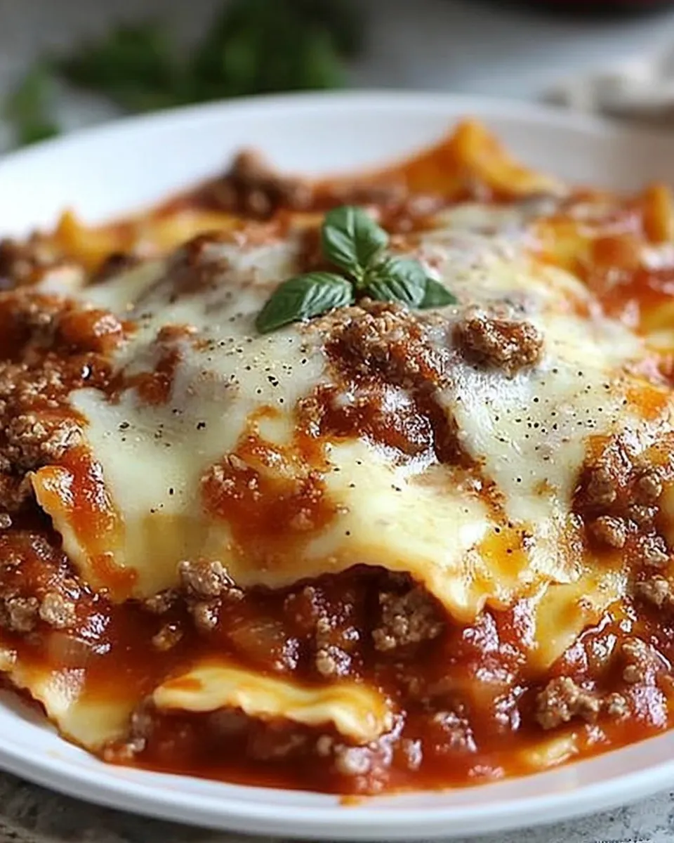A plate of lasagna with meat and cheese.
