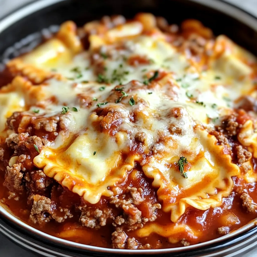 A close up of a plate of food with the words "Crockpot Ravioli Lasagna" written on it.