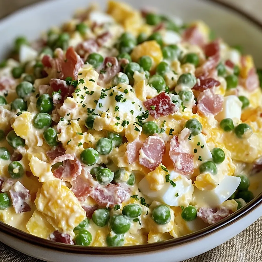 A bowl of pea salad with ham and peas.