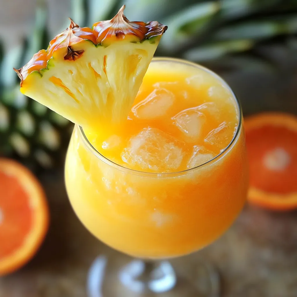 A glass of orange juice with a pineapple wedge on top.