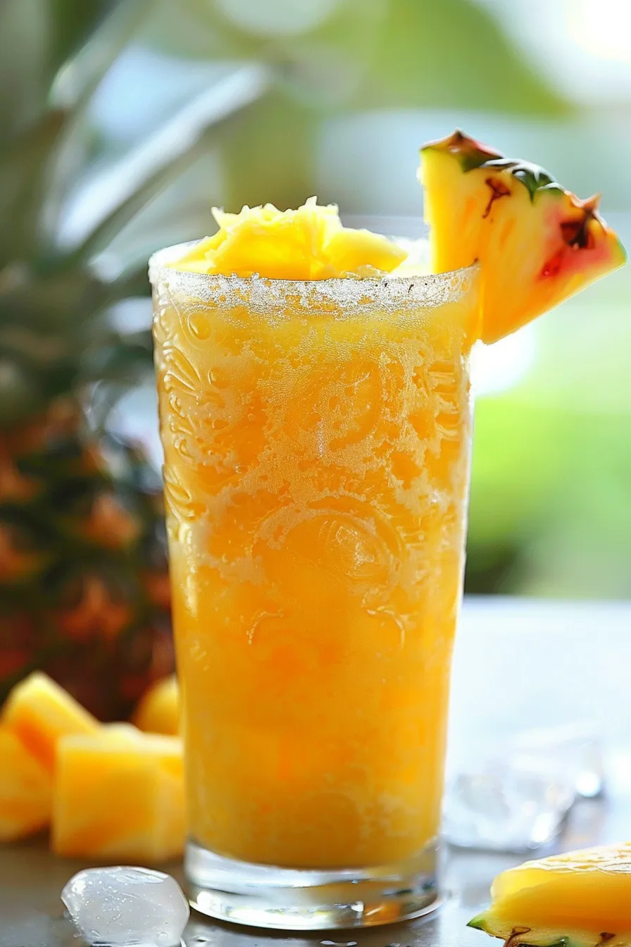 A glass of bahama mama drink with a pineapple on the side.