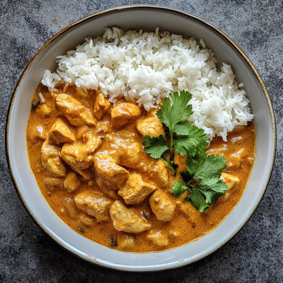 A bowl of chicken curry with rice.