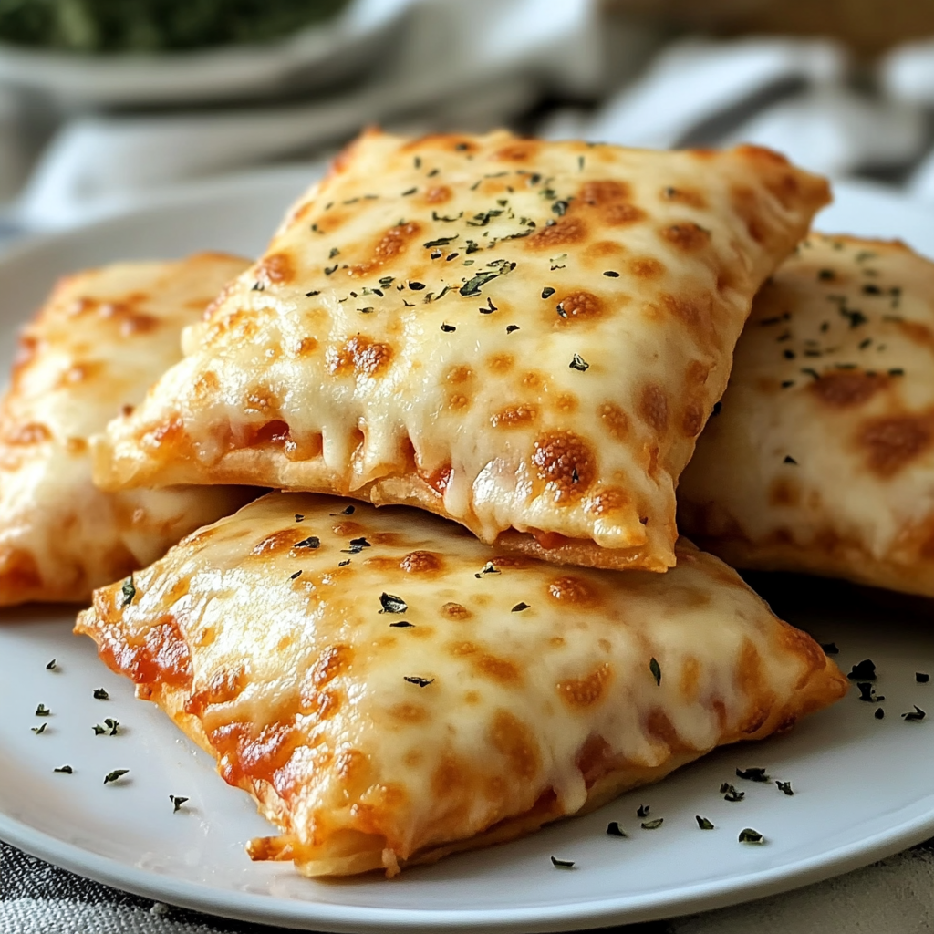 A plate of homemade easy cheesy pizza pockets.