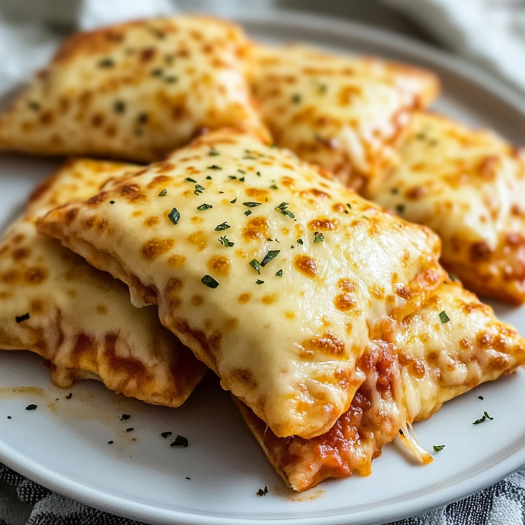 A plate of cheesy pizza pockets.