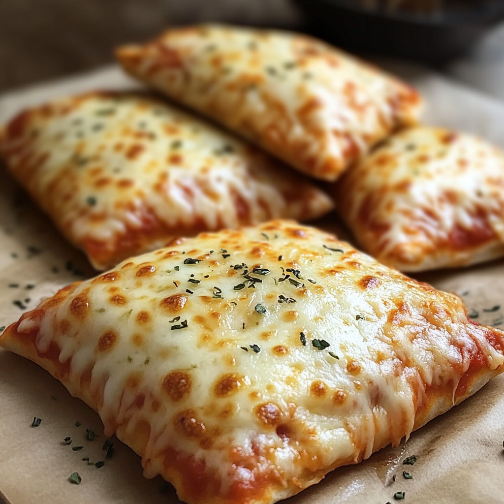 Homemade easy cheesy pizza pockets.